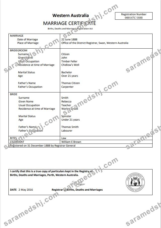 Australia Western Australia marriage certificate template in Word format